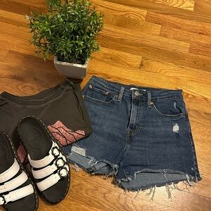 Levi’s Women 28 High Rise Button Fly Distressed Hole Festival Denim Jean Shorts